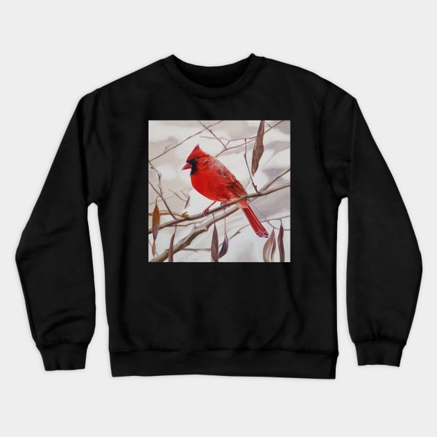 Northern Cardinal with Leaves painting Crewneck Sweatshirt by EmilyBickell